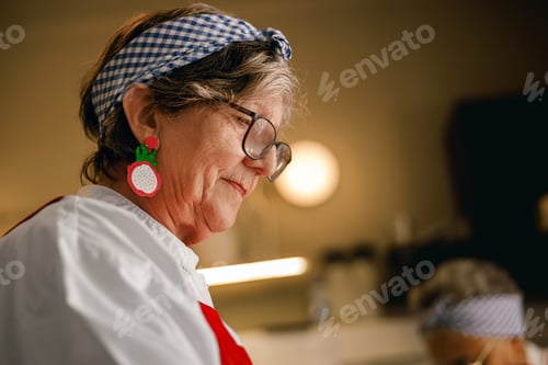 Preview: Active senior Caucasian woman cooking in a professional kitchen with authentic vitality