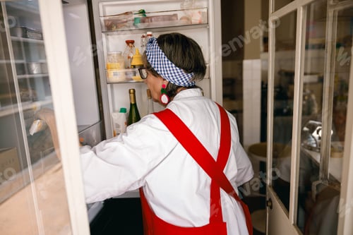Preview: Caucasian senior woman in red apron reaching into a domestic refrigerator in a home kitchen