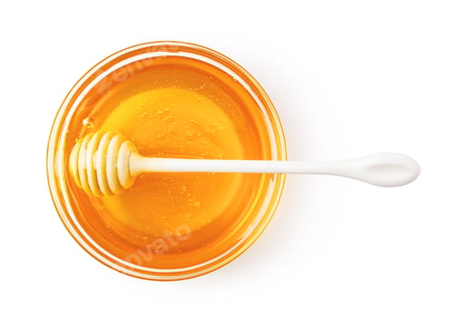 Preview: Golden honey bowl with dipper isolated top view