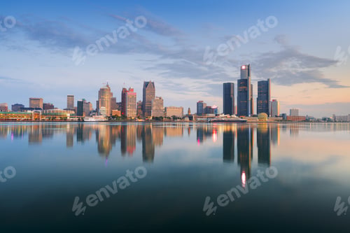 Preview: Detroit, Michigan, USA skyline at dawn on the Detroit River