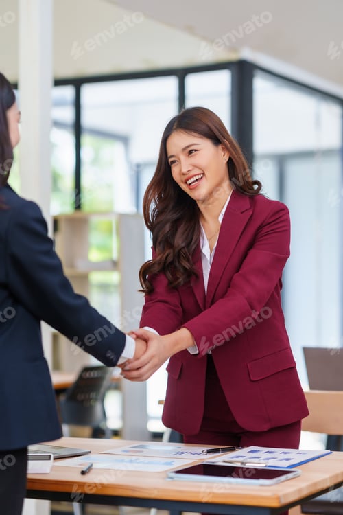 Preview: Businesswomen shaking hands celebrating successful partnership agreement
