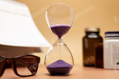 Preview: Hourglass with medicine bottle, reading glasses and calendar,aging society, senior healthcare