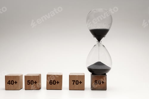 Preview: Hourglass beside age blocks from 40 to 80, aging population, life stages and time passing