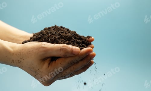 Preview: Hands holding fertile soil against blue sky,Agriculture, environmental sustainability