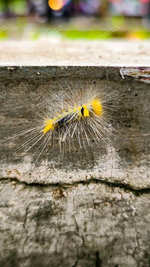 Preview: Fuzzy Yellow and Black Caterpillar on Concrete