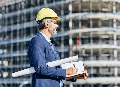 Preview: Senior Businessman Architect Helmet Construction Site Building Architecture Writing Notebook Protect