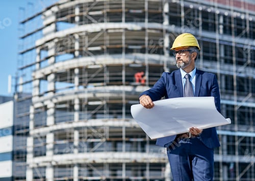 Preview: Senior Businessman Architect Helmet Construction Site Building Architecture Tablet Computer Protecti