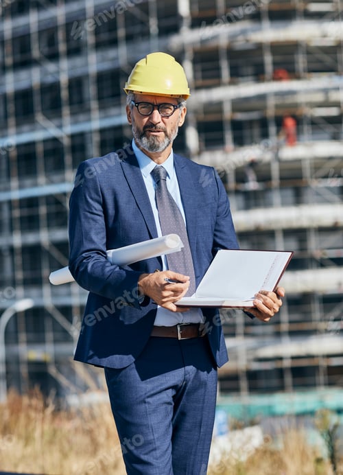 Preview: Senior Businessman Architect Helmet Construction Site Building Architecture Writing Notebook Protect