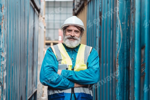 Preview: Confident senior logistics engineer smiling at shipping cargo yard. Portrait of experienced caucasia
