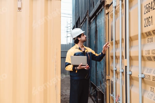 Preview: Logistics supervisor using walkie-talkie and laptop at shipping port. Male industrial engineer commu