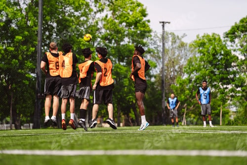 Preview: Soccer player jumping to block yellow ball over defense wall on field. Football team forming line du