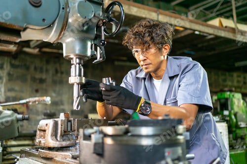 Preview: Engineer Examining Machine Part in Metalworking Workshop