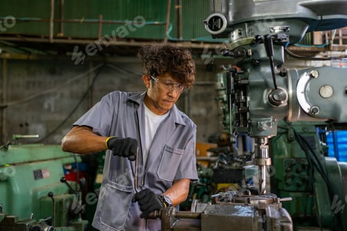 Preview: Engineer Examining Machine Part in Metalworking Workshop
