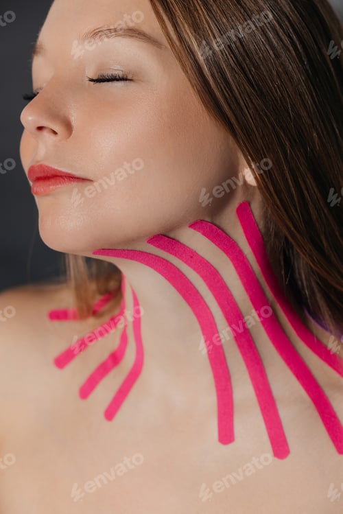 Preview: Tape for a facelift with kinezio. Yong neck. Estetic taping.