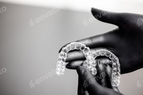 Preview: Clear orthodontic aligners on dentist hand modern invisible braces
