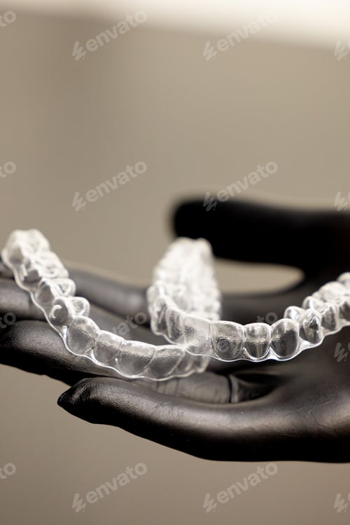 Preview: Clear orthodontic aligners on dentist hand modern invisible braces