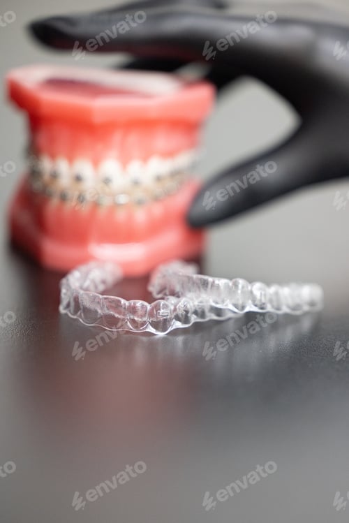 Preview: Transparent dental aligner held in gloved hand with braces typodont models