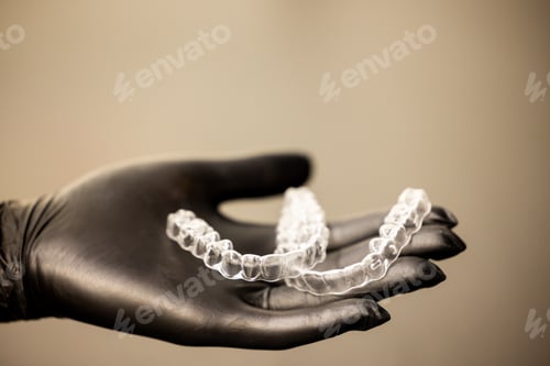 Preview: Clear orthodontic aligners on dentist hand modern invisible braces
