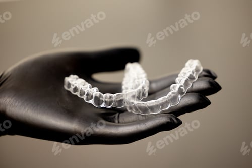 Preview: Clear orthodontic aligners on dentist hand modern invisible braces