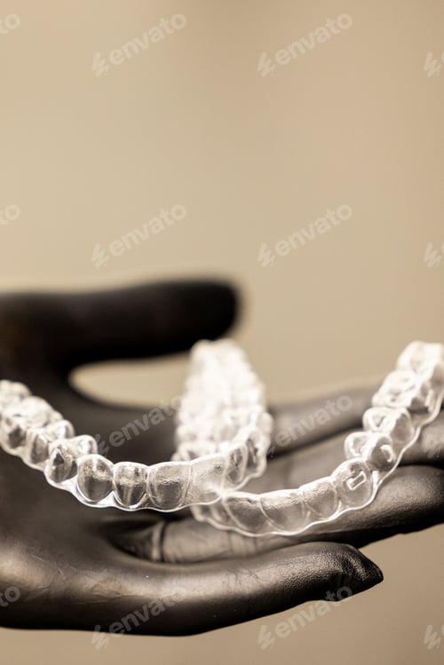 Preview: Clear orthodontic aligners on dentist hand modern invisible braces