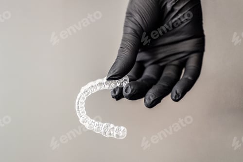 Preview: Transparent dental liners held in hand with black glove in blurred background
