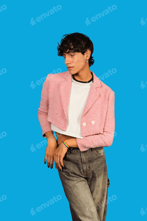 Preview: Genderfluid person with rainbow bracelet on blue background