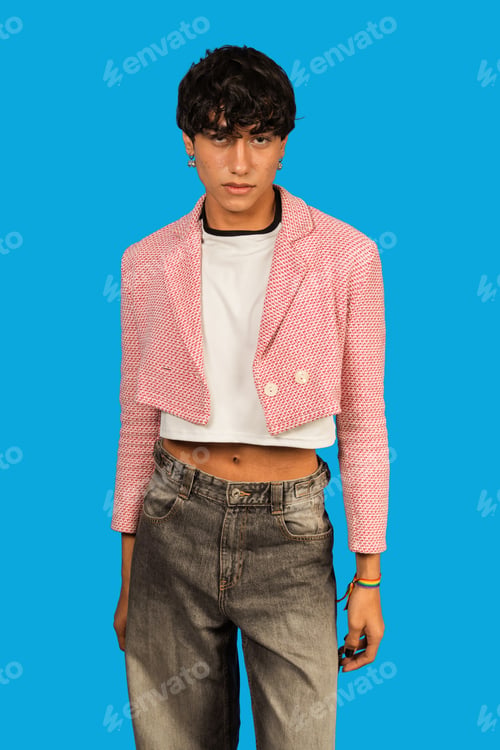Preview: Youth wearing crop blazer and wide jeans embodying gender fluid style