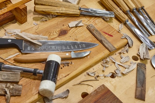 Preview: Traditional woodworking tools. Carpentry equipment. Artisan profession. Workshop still life