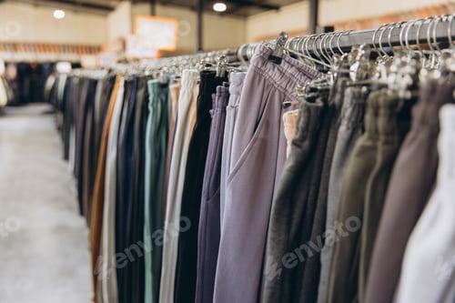 Preview: Clothing store aisle showcasing a selection of comfortable pants and sweatpants hanging on display f