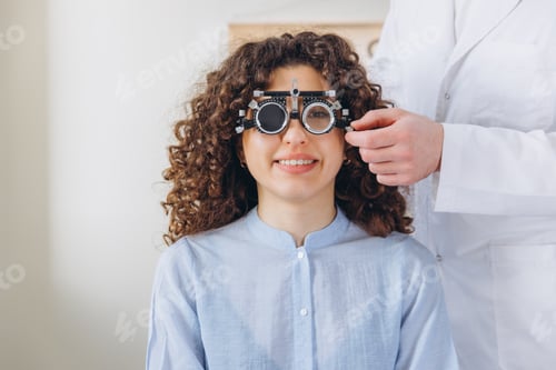 Preview: Young woman getting an eye exam with an optometrist adjusting a trial frame for vision correction