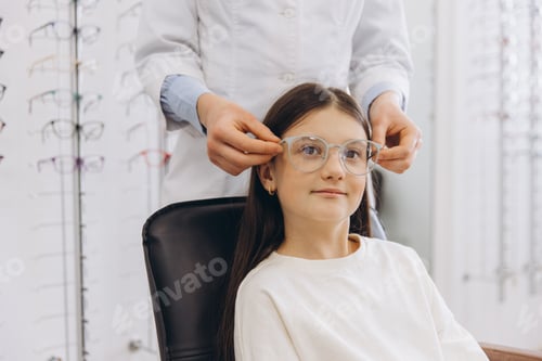 Preview: Optometrist fitting eyeglasses on a smiling young girl in an optician store for vision correction