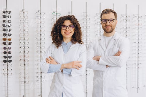 Preview: Smiling male and female opticians wearing lab coats and glasses, standing confidently in an optical