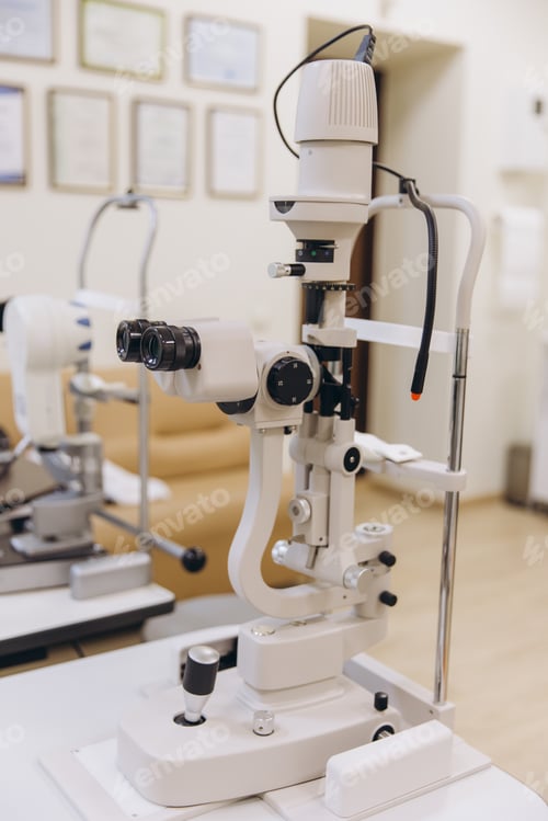 Preview: Ophthalmology slit lamp during eye exam, diagnostic instrument checking vision in a modern medical c