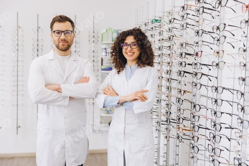Preview: Opticians standing in optical clinic, offering professional vision care and eyewear services