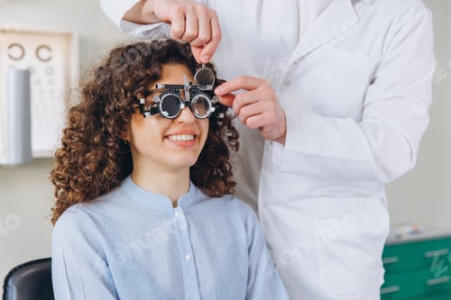 Preview: Young woman receiving an eye exam and vision test at an optician, checking eyesight with trial frame