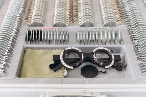 Preview: Trial lens kit displaying various optical lenses and phoropter for precise vision testing and eye ca