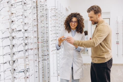 Preview: Optometrist assisting a male client in an optical shop, recommending different frames for proper vis