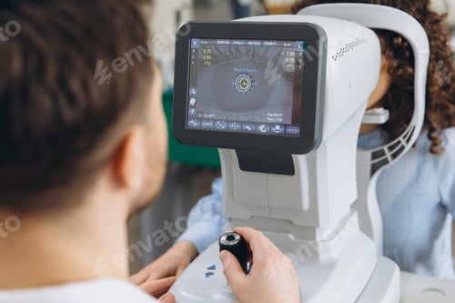 Preview: Optometrist using an autorefractor machine for vision testing, examining a patient's eye health