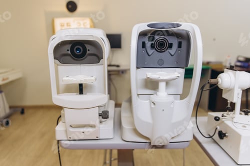 Preview: Advanced ophthalmology equipment performing eye examination and vision testing in a modern optical c