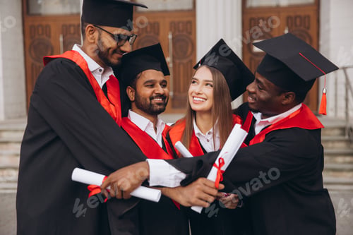Preview: Joyful Graduates Celebrating Achievement Together in Traditional Caps and Gowns Outdoors