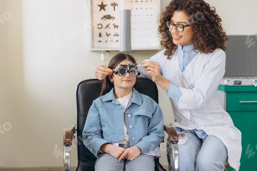 Preview: Optometrist conducting eye examination for young girl in clinic checking vision and prescribing eyeg