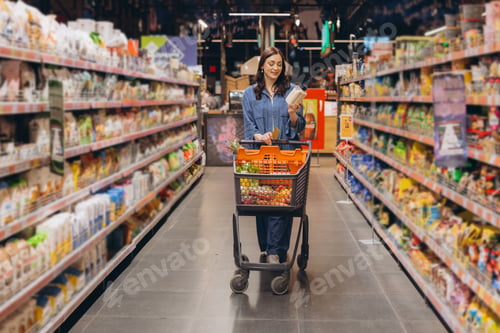 Preview: Woman shopping for groceries in supermarket aisle, pushing a full cart and checking product labels