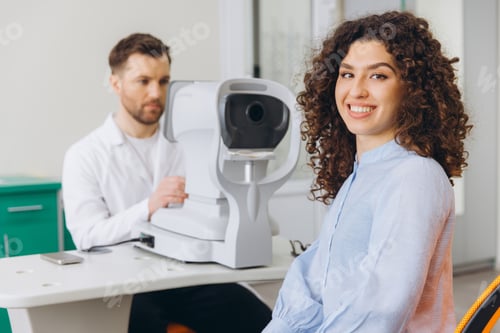 Preview: Woman smiling during eye exam with ophthalmologist performing vision test using autorefractor in a m