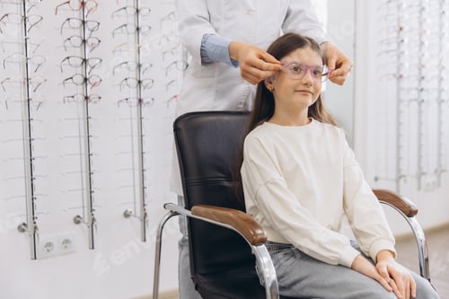 Preview: Girl trying on new eyeglasses with optometrist helping, choosing frames at an optical store, pediatr