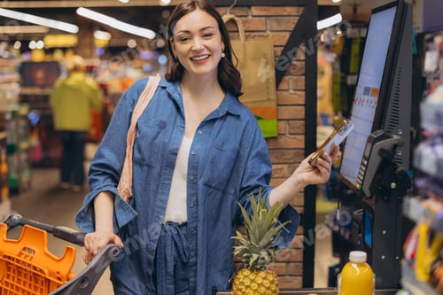 Preview: Happy woman paying for groceries with smartphone at self service checkout counter, embracing modern