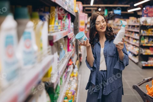 Preview: Woman comparing two cleaning products in hand at supermarket, choosing household necessities for her