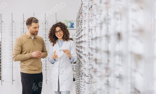 Preview: Optician advising a man on eyewear frames in an optical store, offering professional service and vis