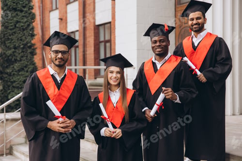 Preview: Group of Happy Graduates in Caps and Gowns Celebrating Graduation Day Outdoors