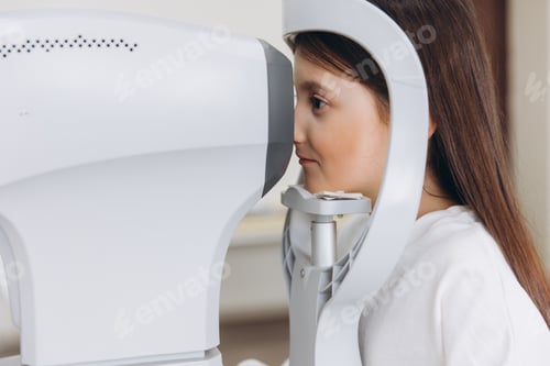 Preview: Young girl receiving ophthalmological eye exam, checking vision and refraction with screening machin