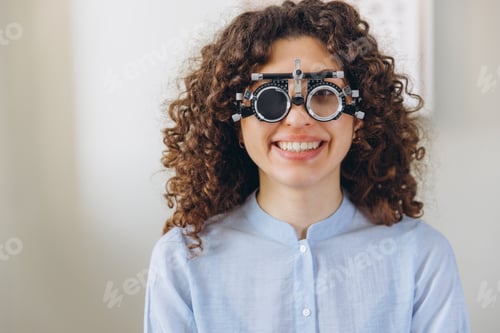Preview: Young woman smiling during an eye exam, wearing a trial frame for vision testing and ophthalmology c